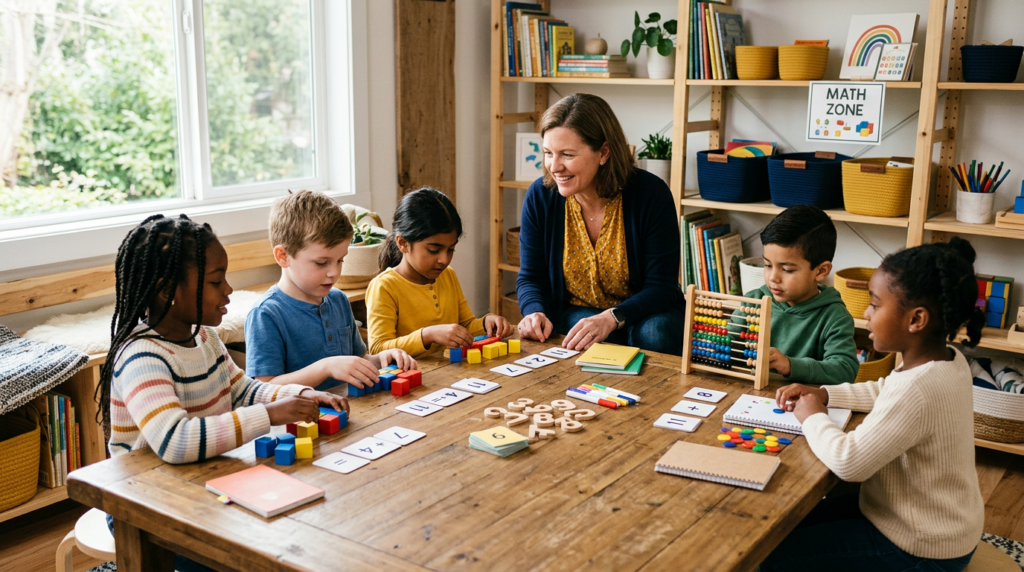 Teacher and five elementary students doing hands-on math together around one table in a small microschool classroom