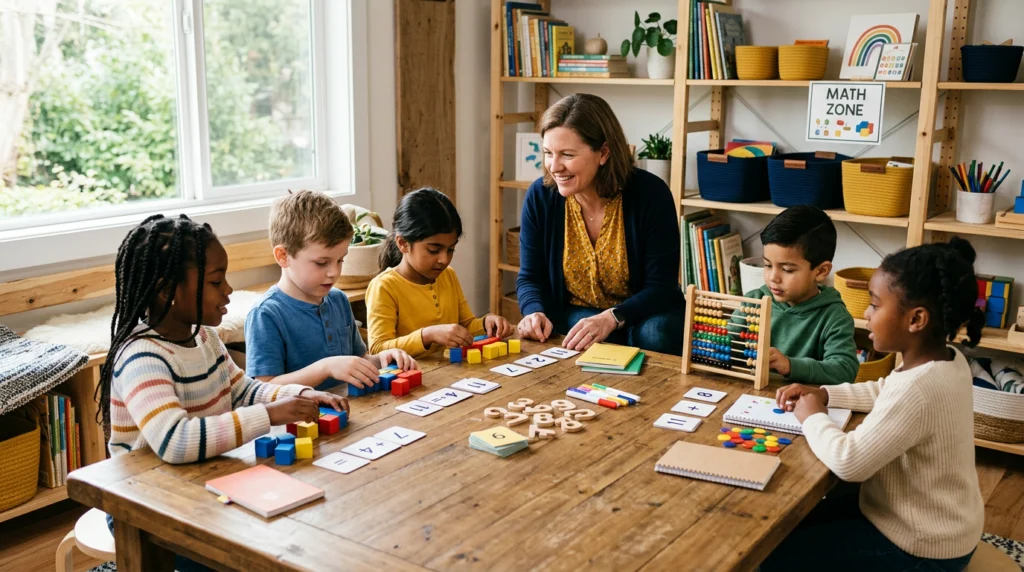 Teacher and five elementary students doing hands-on math together around one table in a small microschool classroom