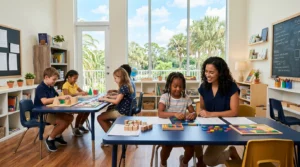 Sunlit Florida microschool learning space with students doing hands-on math activities and palm trees outside the windows