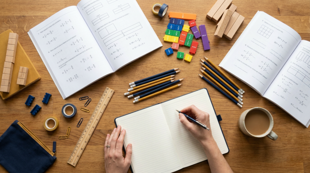 Overhead view of homeschool math curriculum planning: workbooks, fraction tiles, counting blocks and a parent writing in a planner
